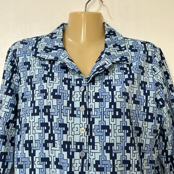 J.cMLAUGLIN GEOMETRIC BLOUSE WOMEN STRETCHY ELBOW SLEEVE BLUE Sz LARGE - Picture 3 of 12